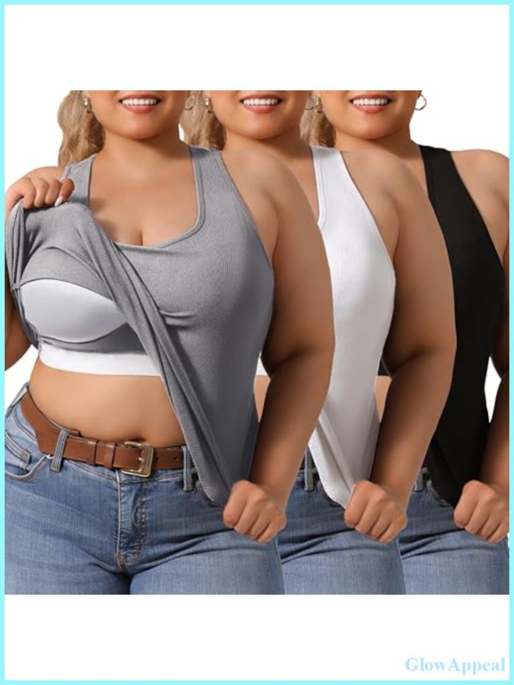 Plus Size Racerback Tank Tops with Built in Bra, 3 Pack